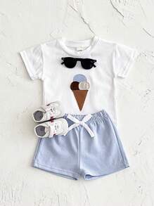 Conjunto de 2 piezas de camiseta de manga corta y pantalones cortos transpirables de parche de helado para niños y niñas, casual, de verano