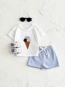 Conjunto de 2 piezas de camiseta de manga corta y pantalones cortos transpirables de parche de helado para niños y niñas, casual, de verano