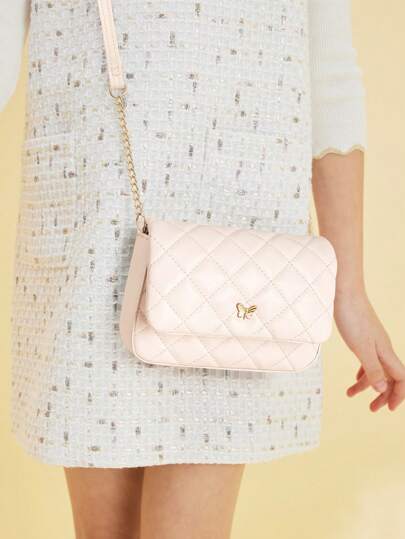 1pc Girl's Plaid Stitching Shoulder Bag With Metal Butterfly Decorative Chain And Flap Cover, Cute Fashionable Sweet Princess Crossbody Bag, Ideal For Daily Use, School, Parties, And Travel