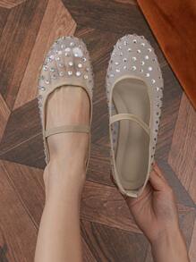 Fall/Winter Women's Mesh Flat Shoes With Apricot Rhinestone, Breathable Fishnet Mesh Material, Light And Breathable, White Rhinestones For Shimmering Look, Breathable And Anti-Slip, Incredibly Comfortable, Simple Style, Suitable For Spring/Summer Outfits, Parties, Shopping, Festivals, Daily Wear, Activities, Elegant, Parties, Celebrations, Flat Shoes, Ballet Shoes, Fishnet Shoes - Apricot - View 4