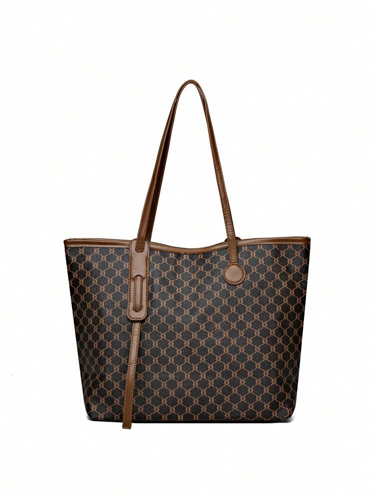 2pcs/Set Vintage Pattern Tote Bag And Wallet Combo, Large Capacity Fashion Handbag Set For Middle-Aged Women - Brown - View 8