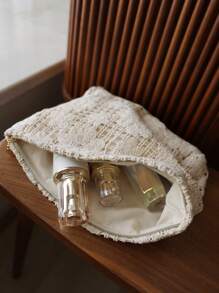 miucatch 刺绣花朵纯色面料化妆包，帆布编织优雅时尚收纳手拿包化妆品收纳袋化妆品收纳包迷你包旅行小化妆盒配件化妆架刷子包化妆品容器化妆包旅行必需品女士配件旅行用品化妆包化妆包化妆包化妆包 - 米色 - 查看 5