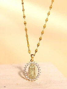 不锈钢项链，圣母玛利亚吊坠镶嵌立方氧化锆，女士款，适合婚礼、派对和日常佩戴