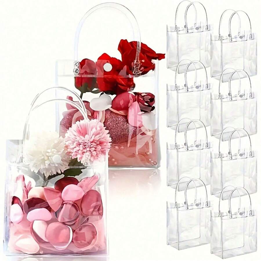 10pcs, Clear Plastic Gift Bags With Handle, 5.9" X 6.3" X 2.8", Reusable Transparent PVC Gift Wrap Tote Candy Gift Bag Bag For Retail Christmas Boutique Wedding Birthday Party Favor, Shopping Bag, Party Bag, Wedding Birthday Party Gift Bag School Supplies Food Bag Food Box Suitable For Candy Chocolate Cookies Etc.