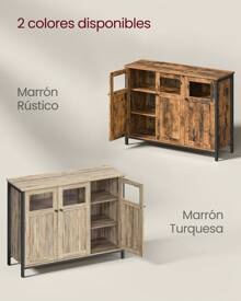 VASAGLE Armario de Almacenamiento, Aparador con Puertas de Cristal, para Comedor, salón, Cocina, Estilo Industrial, Marrón Rústico y Negro/Marrón Turquesa y Negro Tinta - Camel - Ver 5