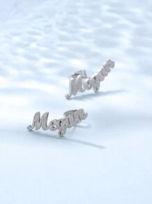 1pair Personalized Women's Matte Name Earrings Customized With Initial Grass Script For Best Friends, Gift - Silver - View 2