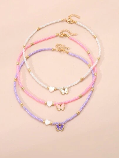 3 件时尚精致心形和蝴蝶吊坠串珠项链套装，时尚派对配饰和女孩生日礼物