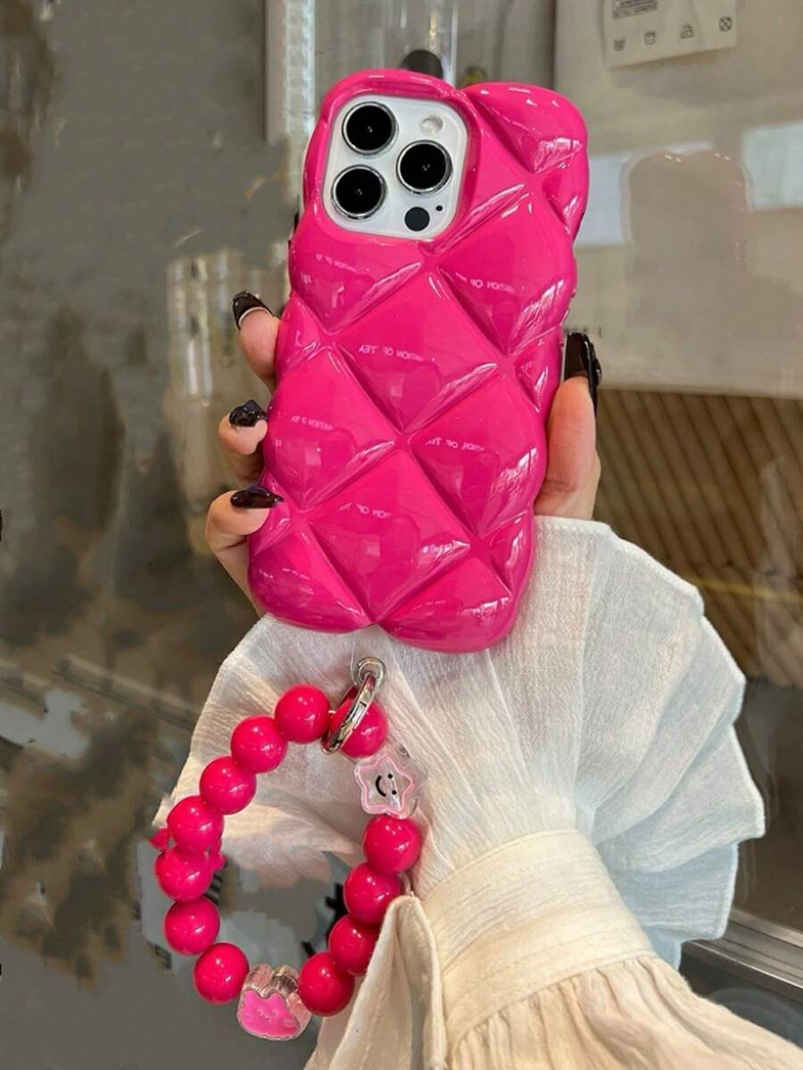 Funda de silicona con diseño de cuadrícula de rombos rosa de moda para iPhone 16 con colgante de teléfono, compatible con iPhone 14 Pro Max/13/11/12, adecuada para mujeres, diseño creativo, protección completa, resistente al agua, a los golpes y a los arañazos - Rosa Fucsia - Ver 1