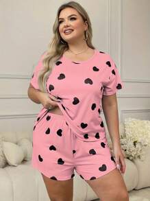 Conjunto de pijama casual para mujer, conjunto de 2 piezas de talla grande con top de manga corta y shorts con estampado de corazón para estar en casa - Rosa - Ver 1