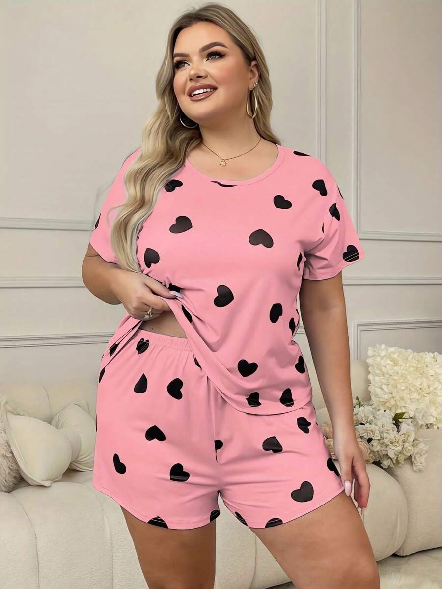Conjunto de pijama casual para mujer, conjunto de 2 piezas de talla grande con top de manga corta y shorts con estampado de corazón para estar en casa - Rosa - Ver 1