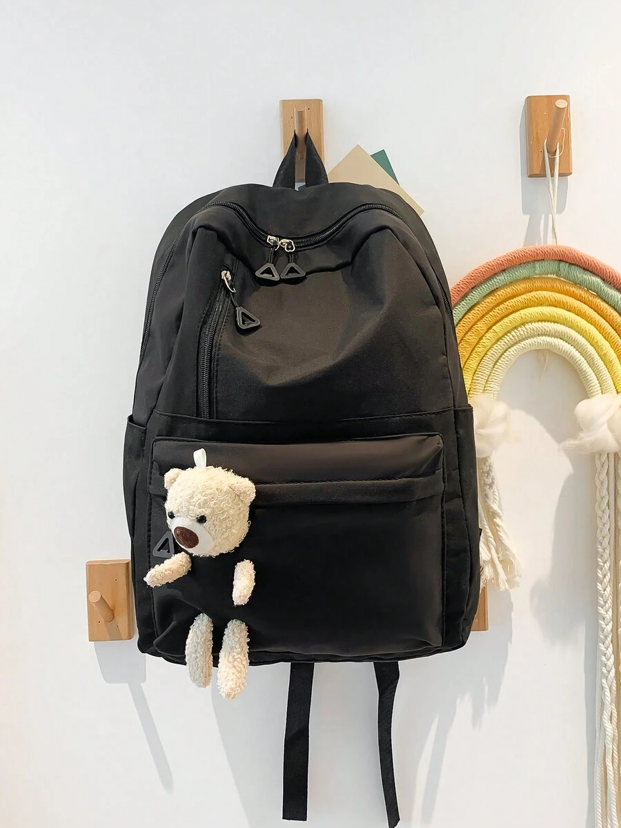 大容量休閒背包，帶泰迪熊吊墜，字母印花，純色，適用於學生、女性、男性、旅行，雙肩，可放電腦 - 黑色 - 查看 1