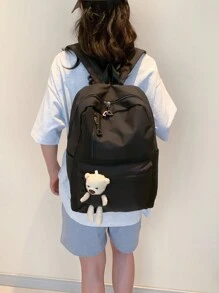 大容量休閒背包，帶泰迪熊吊墜，字母印花，純色，適用於學生、女性、男性、旅行，雙肩，可放電腦 - 黑色 - 查看 4
