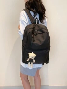 大容量休閒背包，帶泰迪熊吊墜，字母印花，純色，適用於學生、女性、男性、旅行，雙肩，可放電腦 - 黑色 - 查看 3
