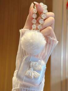 苹果美学白色蝴蝶结耳机盒，配闪亮水钻和白色绒球串珠链 - 彩色 - 查看 2