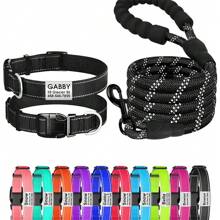 个性化反光狗项圈和牵引绳套装，带锁扣尼龙宠物项圈，可调节，适合小型、中型、大型犬，定制宠物身份吊牌 - 黑色 - 查看 8