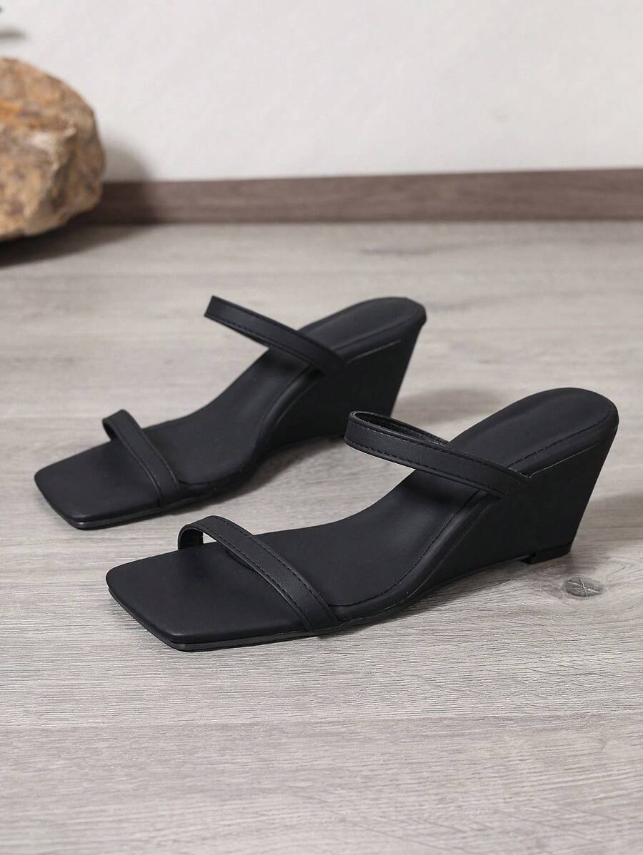 2025夏季新款简约系带凉鞋女，坡跟拖鞋女，夏季户外时尚细带高跟鞋 - 黑色 - 查看 1