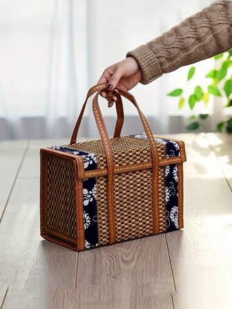 1入手編竹編草包女士用品，野餐包手提袋，午餐包午餐袋，純生態手工編織，適合女性購物、野餐，禮品儲物籃，婚禮派對裝飾收納，禮品袋（底墊隨機）