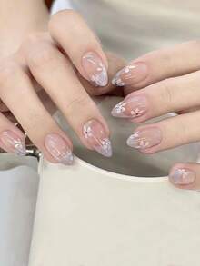 24 片/套清新简约花朵按压式法式杏仁假指甲贴片，适合女孩/女士日常生活。适合约会等场合。+ 1 X 凝胶果冻 + 1 X 指甲锉，装饰您的指甲！ - 彩色 - 查看 1