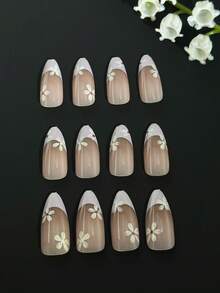 24 片/套清新简约花朵按压式法式杏仁假指甲贴片，适合女孩/女士日常生活。适合约会等场合。+ 1 X 凝胶果冻 + 1 X 指甲锉，装饰您的指甲！ - 彩色 - 查看 5