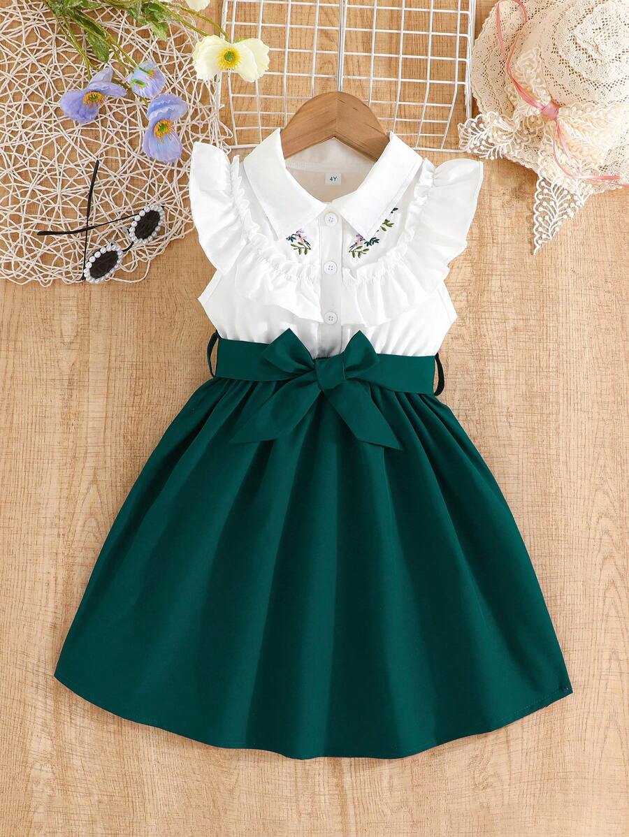 Summer Young Girls' Turn-Down Collar Sleeveless Casual Dress With Graceful Style - Dark Green - View 1