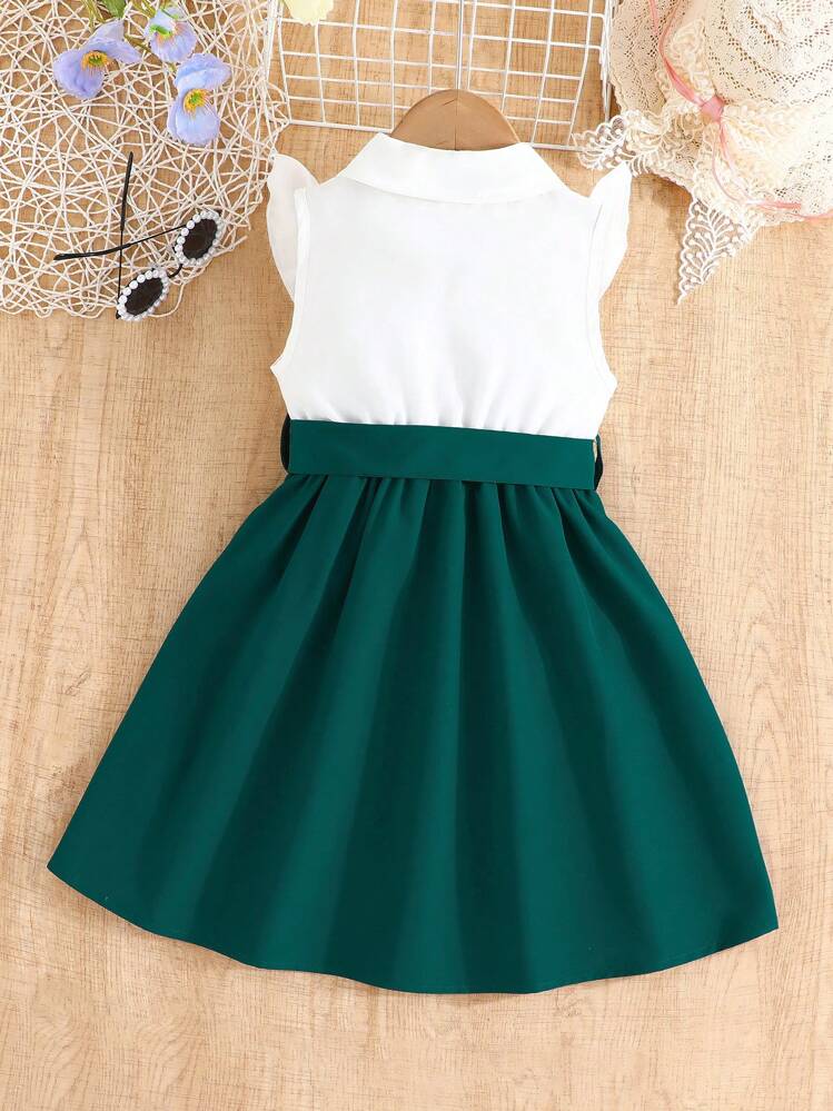 Summer Young Girls' Turn-Down Collar Sleeveless Casual Dress With Graceful Style - Dark Green - View 2