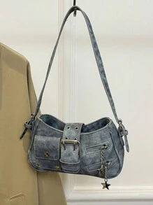 Women's Fashionable Personalized Punk Street Denim Blue Crossbody Shoulder Bag With Large Capacity, Y2k Bag, 2000s Fashion Style, Gothic Punk Bag For Women , Blue