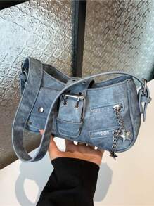 Women's Fashionable Personalized Punk Street Denim Blue Crossbody Shoulder Bag With Large Capacity, Y2k Bag, 2000s Fashion Style, Gothic Punk Bag For Women , Blue