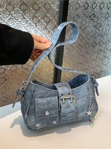 Women's Fashionable Personalized Punk Street Denim Blue Crossbody Shoulder Bag With Large Capacity, Y2k Bag, 2000s Fashion Style, Gothic Punk Bag For Women , Blue