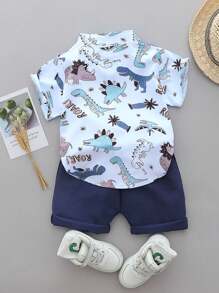 Ensemble chemise à manches courtes et short imprimé de dinosaures de dessin animé all-over pour bébé garçon avec col montant - Bleu ciel - Voir 2