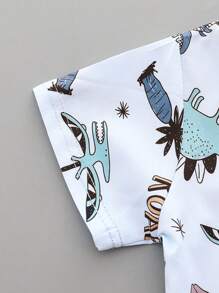 Ensemble chemise à manches courtes et short imprimé de dinosaures de dessin animé all-over pour bébé garçon avec col montant - Bleu ciel - Voir 4