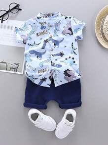 Ensemble chemise à manches courtes et short imprimé de dinosaures de dessin animé all-over pour bébé garçon avec col montant - Bleu ciel - Voir 1