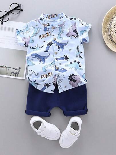 Baby Boy Summer Allover Print Cartoon Dinosaur Short Sleeve Shirt And Shorts Set With Stand Collar