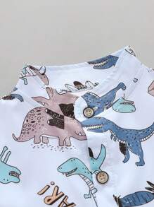 Ensemble chemise à manches courtes et short imprimé de dinosaures de dessin animé all-over pour bébé garçon avec col montant - Bleu ciel - Voir 3