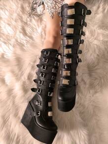 Women's Goth Platform Knee High Boots Fashion Metal Buckle Wedges High Heels Round Toe Zip Punk Combat Boots - 黑色 - 查看 1