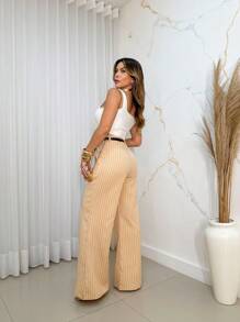 IN FASHION feminina pantalona listra com cinto alfaiataria - Caqui - Visão 4