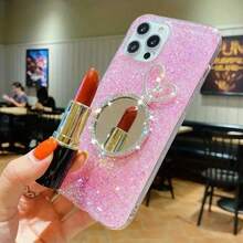 1 Ốp Điện Thoại Màu Hồng Lấp Lánh Có Nơ Và Gương Tròn, Tương Thích Với IPhone 15 Pro Max Và Samsung S24 - Hồng - Xem 8