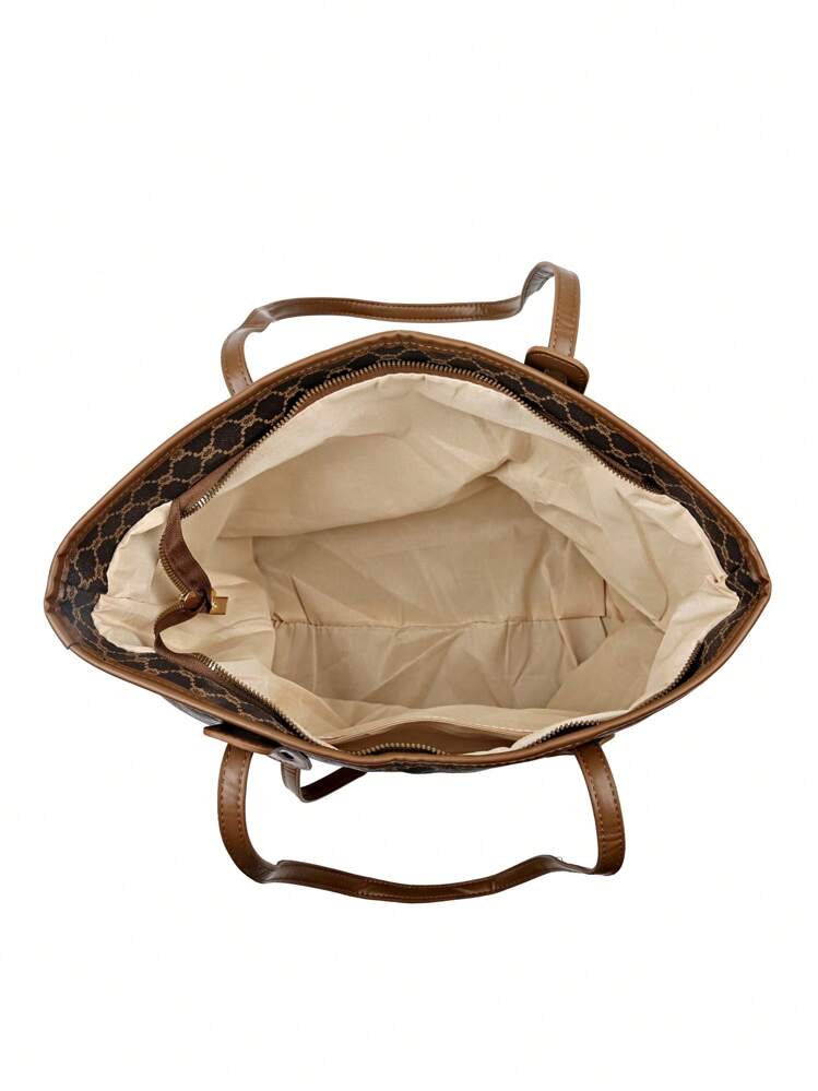 2pcs/Set Vintage Pattern Tote Bag And Wallet Combo, Large Capacity Fashion Handbag Set For Middle-Aged Women - Brown - View 7