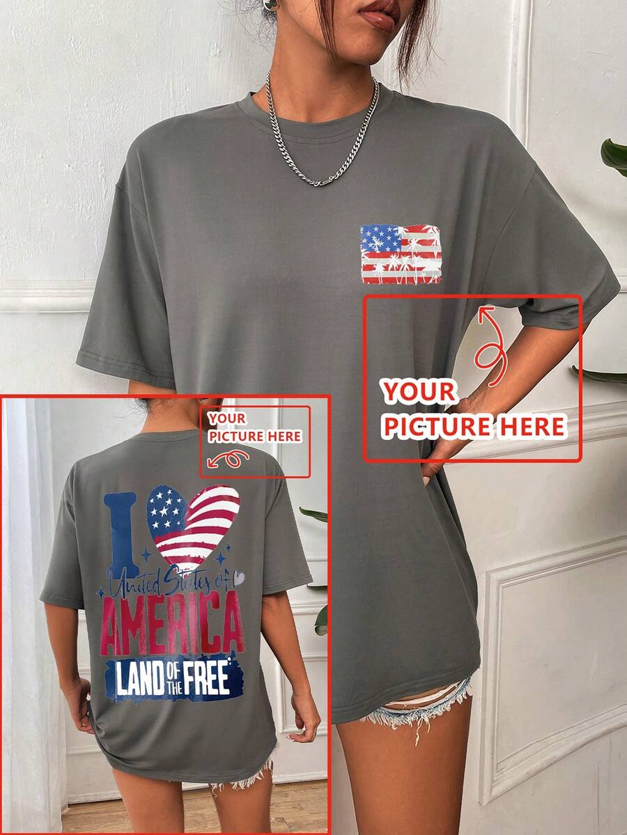 Customized Gift For Christmas, Thanksgiving, Women's T-Shirt - Add Your Own Text/Image (Slogan, Name, Badge, Company Logo, Family Photo, Selfie) To Design Your Personalized Printed T-Shirt, Anniversary, Valentine's Day, Christmas, Thanksgiving, New Year Pattern, Baby/Couple/Family/Pet Photo, Custom T-Shirt - Dark Grey - View 1