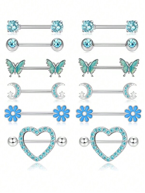 12 piezas Joyas de piercing de pezón azul para mujeres, anillos de pezón de 14G con diseños de mariposa, flor y corazón, joyería de pezón como regalo de San Valentín para niñas