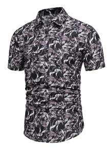 Camisa de manga corta informal con estampado total, verano para hombre - Negro - Ver 1