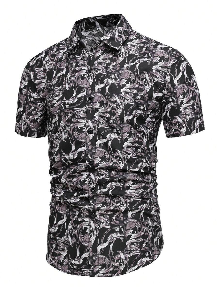 Camisa de manga corta informal con estampado total, verano para hombre - Negro - Ver 1