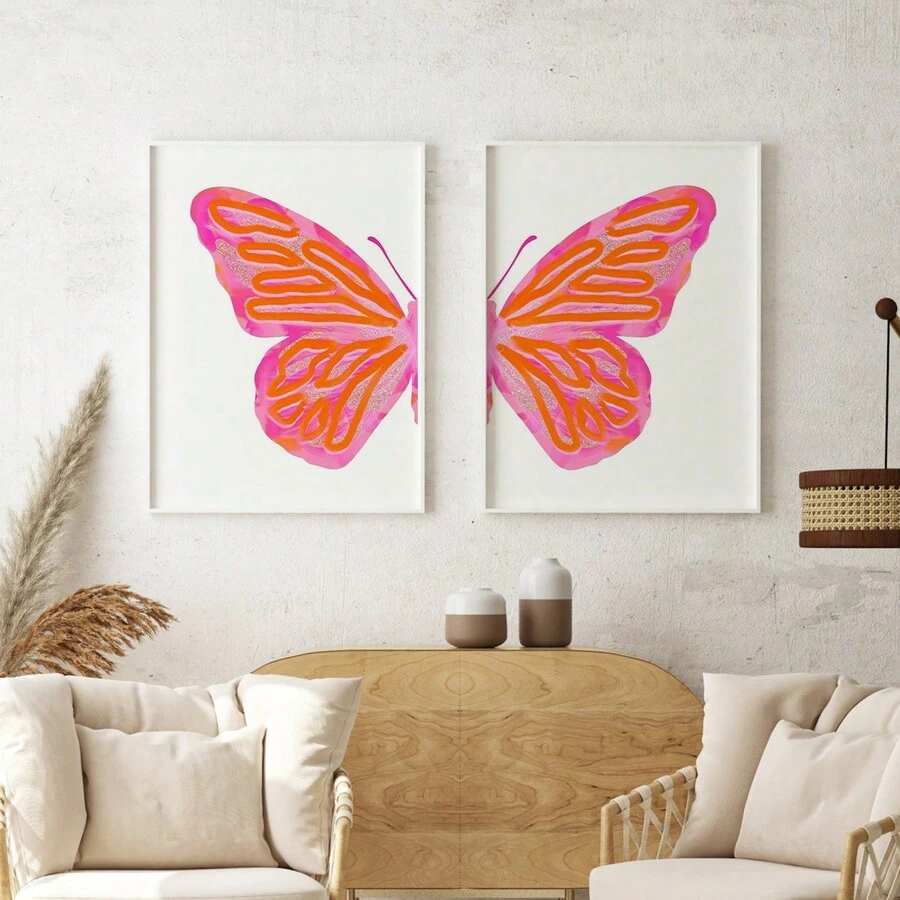 2 SZTUK/ZESTAW Styl Płótno Wall Art Łatwe do powieszenia Różowy motyl Wall Art Canvas Wystrój wnętrz Plakat na ścianę Estetyczny plakat Akwarela Motyl Art Różowy Modny wystrój wnętrz Dziewczyna Plakat na ścianę Estetyczny druk artystyczny (w ramce)