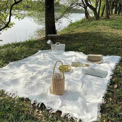 Cirelle 1pc Elegant White Outdoor Camping Mat/Picnic Mat/Bohemian Beach Blanket/Moisture-Proof Tablecloth Pad, Decor, Rama Family Style, Picnic Eseentials, Family Outing Use, Camping Supplies, Holiday Vacation Use
