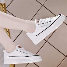 Zapatos deportivos casuales para mujeres de unicolor, suaves y cómodos con cordones y suela gruesa para caminar - Blanco - Ver 6