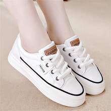 Zapatos deportivos casuales para mujeres de unicolor, suaves y cómodos con cordones y suela gruesa para caminar - Blanco - Ver 7