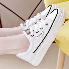 Zapatos deportivos casuales para mujeres de unicolor, suaves y cómodos con cordones y suela gruesa para caminar - Blanco - Ver 5