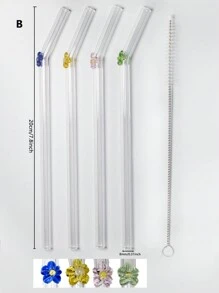 Set (4 Straws + 1 Brush) Reusable Glass Straws Cute Colorful Flower Glass Straws, Colorful Floral Design Heat-Resistant Glass Straw, Washable Reusable Fruit Drinking Smoothies, Milkshakes, Juices, Teas,Kitchen,Christmas Gift,School Supplies