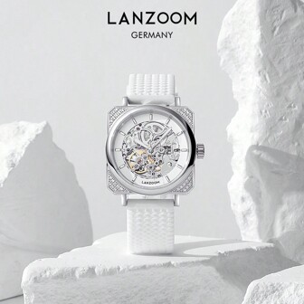  LANZOOM方園自動機械手錶，白色扭結矽膠表帶，新的空心設計，適合日常佩戴、裝飾和送禮