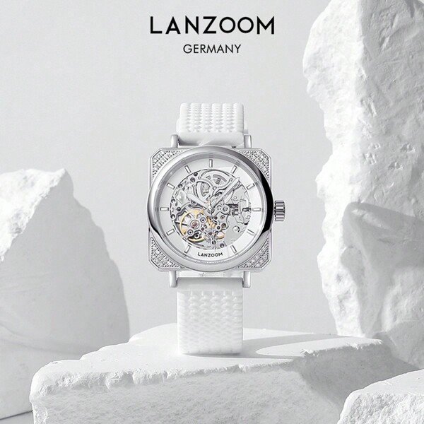 LANZOOM LANZOOM Fang Yuan Automatic Mechanical Watch With White Twisted Silicone Band, New Hollow Out Fashion Design Suitable For Daily Wear, Decorations And Gift Giving
