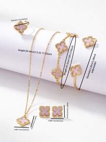 6 Pcs Four Leaf Clover Earring Necklace Bracelet Bangle Ring Jewelry Set For Women Valentines,Mom,Mother,Mother's Day,Gift